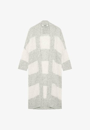 Hellgrau und weiß gestreifter Cardigan, offenes Vorderdesign mit kurzen Ärmeln, weicher Textur und gerippten Bündchen.