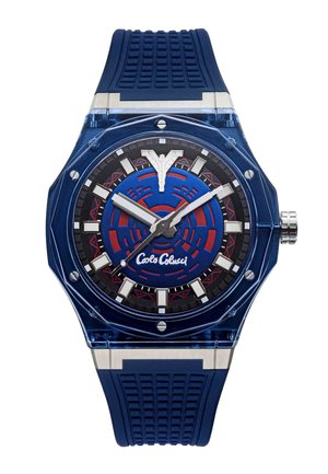 Blue wristwatch with patterned face, silver hour markers, white hour and minute hands, and blue textured rubber strap, branded "Carlo Chuci."