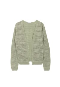 Hellgrüner Strickcardigan mit V-Ausschnitt, offener Vorderseite und lockeren Ärmeln. Besitzt ein strukturiertes Muster und einen gerippten Saum.