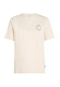 Camiseta de algodón color crema con mangas cortas, escote redondo y un logotipo gráfico en el pecho con bordes dentados.