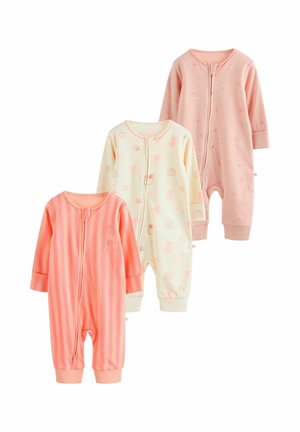 Three baby zip-up sleepers in peach stripes, cream with tropical prints, and solid peach with small patterns, all long-sleeved with cuffed legs.