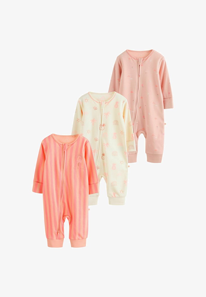 Trois grenouillères à fermeture éclair pour bébés : rayures pêche, crème avec motifs tropicaux, et pêche uni avec petits motifs, toutes à manches longues et jambes avec poignets.