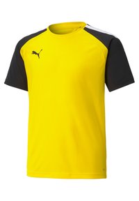 Gele sportshirt met zwarte schouders en witte accenten; gemaakt van ademend materiaal, met een ronde hals en het Puma-logo.