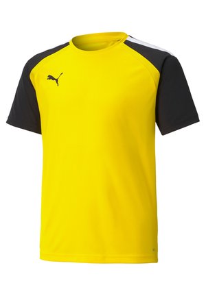 Gele sportshirt met zwarte schouders en witte accenten; gemaakt van ademend materiaal, met een ronde hals en het Puma-logo.
