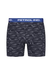 Boxer shorts navy avec des motifs géométriques blancs, dotés d'une ceinture élastique bleue portant l'inscription "PETROL IND." Tissu doux et extensible avec une coupe ajustée.