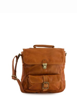 Brown leather messenger bag with a flap closure, adjustable strap, front pocket with a buckle, and a textured finish.