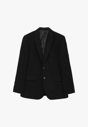 Blazer nero con una texture liscia, design strutturato, revers a due punte, due tasche frontali e chiusura a due bottoni. Stile classico e versatile.
