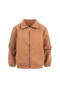 Veste en polaire marron avec fermeture éclair intégrale à l'avant, poignets élastiques et col rabattu, présentée sur un fond blanc.