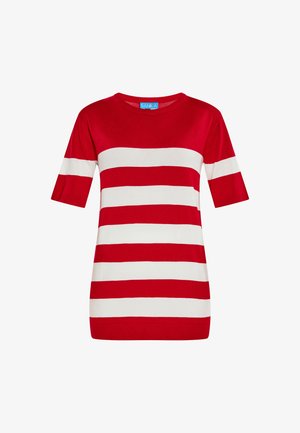 Rød- og hvidstribet kortærmet sweater med rund hals. Blødt stof, lige snit og ensartede striber skaber et afbalanceret design.
