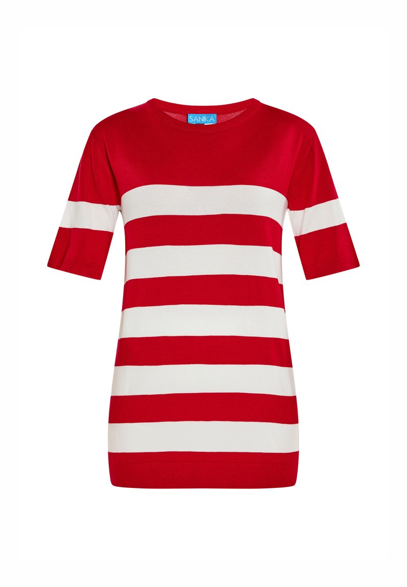 Maglione a maniche corte a righe rosse e bianche con colletto rotondo. Tessuto morbido, taglio dritto e righe uniformi creano un design equilibrato.