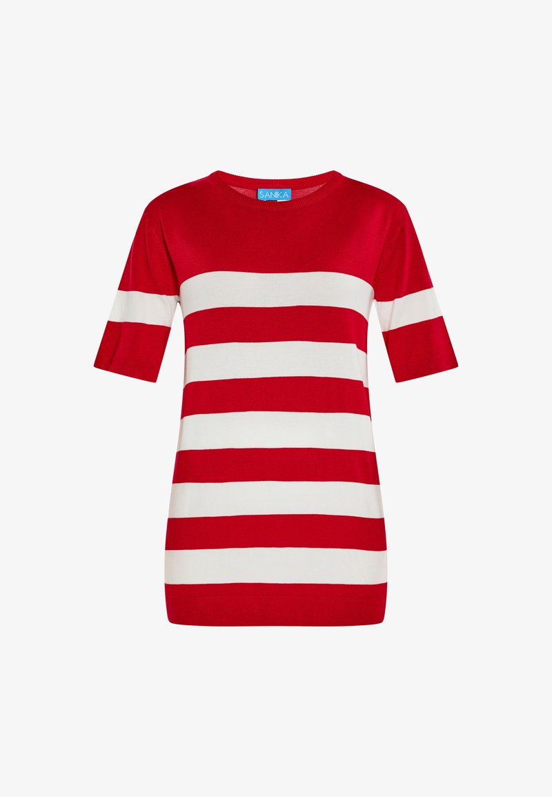 Rood-wit gestreepte trui met korte mouwen en ronde hals. Zacht materiaal, rechte snit en gelijkmatige strepen zorgen voor een evenwichtig ontwerp.