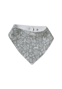 Gray baby bandana bib with white woodland animal and plant patterns and two snap fasteners on the back.