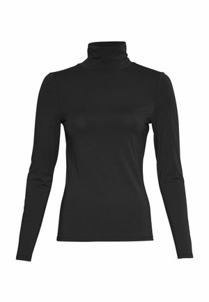 Black long-sleeve fitted turtleneck shirt with a smooth fabric texture and a high neckline.