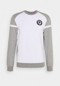 Felpa bianca con maniche e polsini grigi a raglan. Presenta un collo rotondo, una striscia orizzontale bianca e un logo circolare nero sul petto.