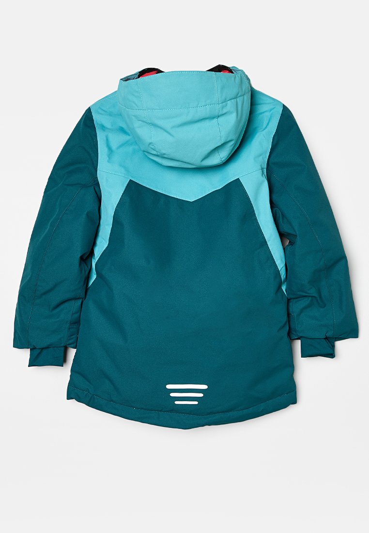 Türänd und aqua-farbene Kapuzenjacke mit glattem Stoff. Verfügt über ein kontrastierendes Design, elastische Bündchen und weiße Akzentstreifen am Saum.