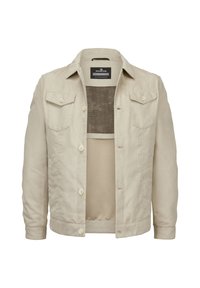 Helle beige Jacke aus weichem Stoff, mit Knopfverschluss, zwei Brusttaschen und einem Netzinnenfutter.