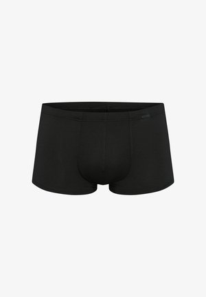 Schwarze Herren-Boxershorts mit elastischem Bund und sichtbaren Frontnähten, entworfen für eine schlanke Passform.