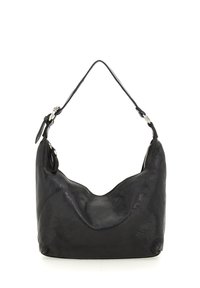 Borsa a tracolla in pelle nera con un design morbido, parte superiore curva e manici corti. Presenta una chiusura a zip superiore e una superficie texturizzata.
