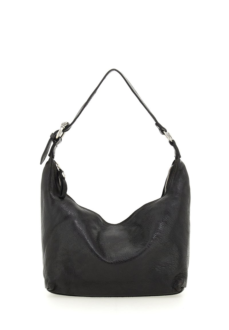 Borsa a tracolla in pelle nera con un design morbido, parte superiore curva e manici corti. Presenta una chiusura a zip superiore e una superficie texturizzata.