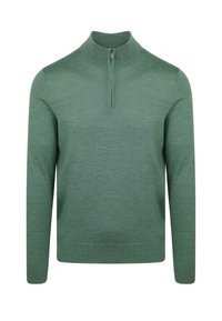 Groene lange mouwen gebreide trui met een korte rits en hoge kraag, effen textuur, en geribde manchetten en zoom.