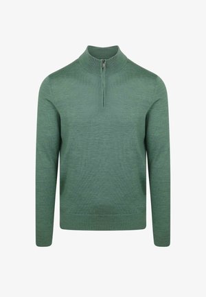 Groene lange mouwen gebreide trui met een korte rits en hoge kraag, effen textuur, en geribde manchetten en zoom.