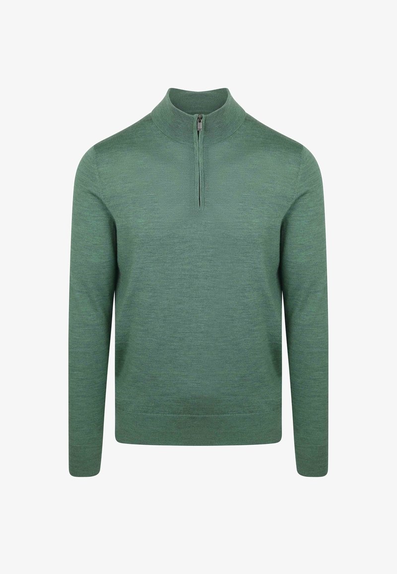 Groene lange mouwen gebreide trui met een korte rits en hoge kraag, effen textuur, en geribde manchetten en zoom.