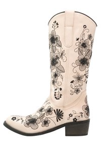 Stivale cowboy in pelle crema con ricami floreali neri, punta arrotondata, tacco a blocco di altezza media e dettagli cuciti lungo le cuciture.