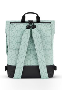 Backpack with a mint green geometric pattern, black base, adjustable straps, and a top handle. Textured finish with a secure closure.