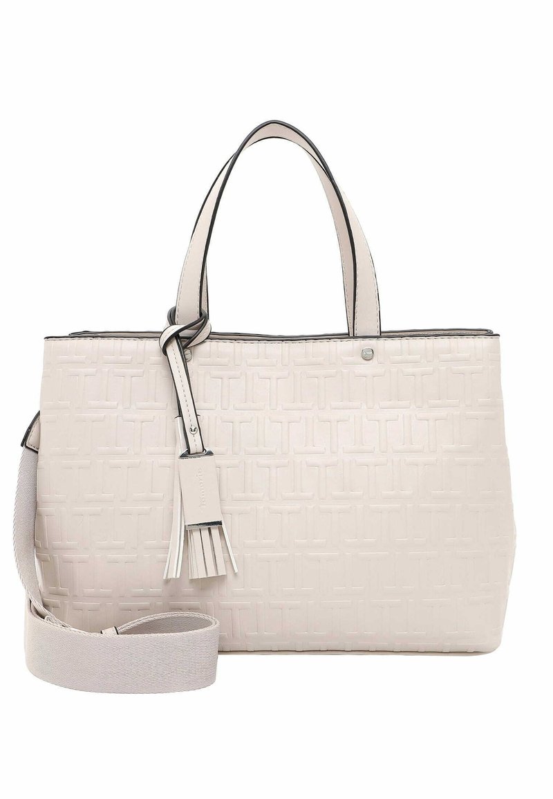 Sac fourre-tout beige clair avec un motif géométrique en relief, garniture noire, doubles poignées, bandoulière amovible et un charme avec un gland.