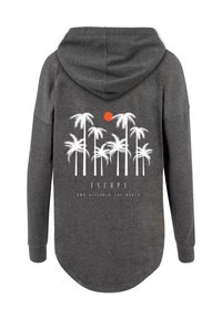 Gray hoodie with a relaxed fit, featuring a white palm tree graphic and a red sun on the back, with the text "ESCAPE AND DISCOVER THE WORLD."