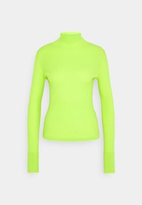 Neon-grüner, gerippter Strickpullover mit langen Ärmeln und Stehkragen, mit verlängerten Bündchen und körpernaher Taille.