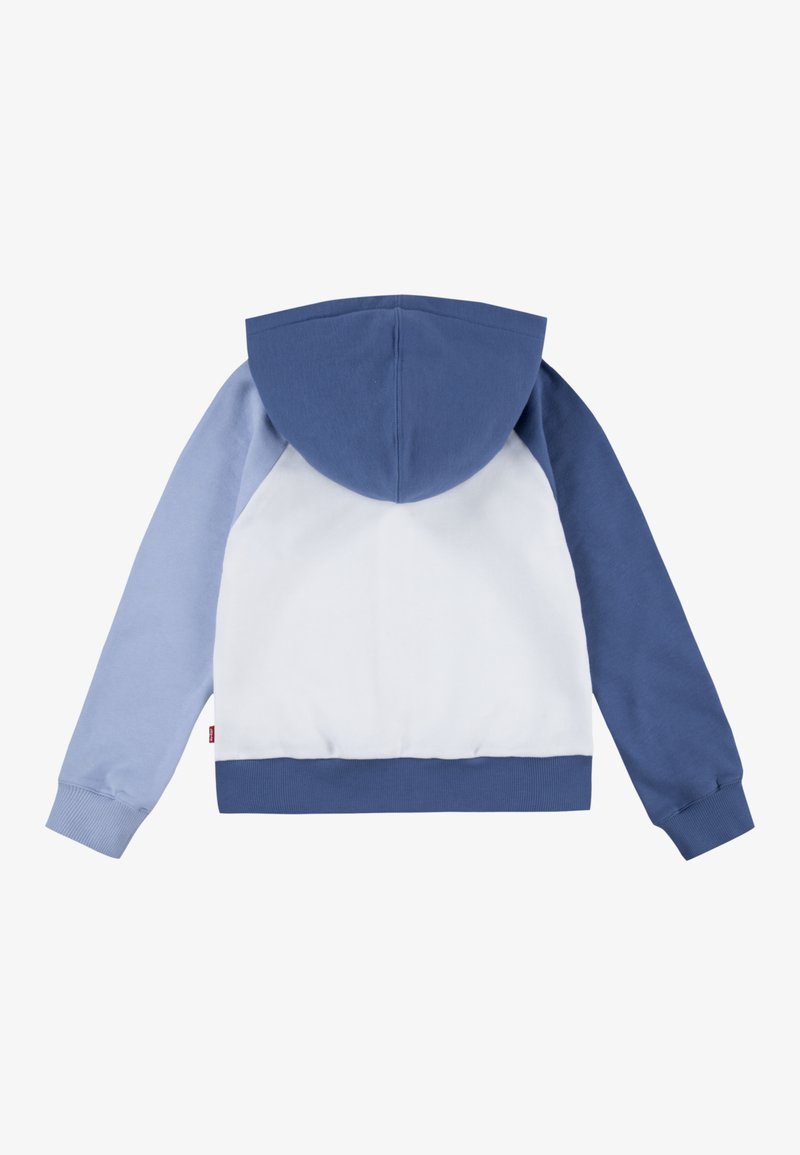Kapuzensweatshirt mit einer Mischung aus hellblauen, dunkelblauen und weißen Farbfeldern. Weiches Baumwollmaterial, gerippte Bündchen und Saum, Sicht von hinten.