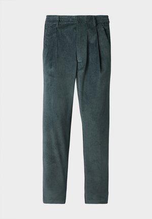 Un pantalon en velours côtelé de couleur teal foncé avec une coupe droite, doté d'un tissu texturé, de deux plis avant et d'une taille avec fermeture à bouton.