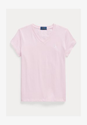 T-shirt femme rose clair à manches courtes et col en V avec petit logo blanc Polo Ralph Lauren sur le côté gauche de la poitrine.