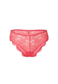 Perizoma di pizzo rosa con un motivo floreale, bordi ondulati e una finitura morbida e testurizzata. Progettato per copertura e comfort.
