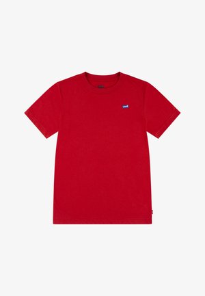 Rotes Baumwoll-T-Shirt mit rundem Halsausschnitt und kurzen Ärmeln. Verfügt über ein kleines blaues Levi's-Logo-Patch auf der linken Brustseite.