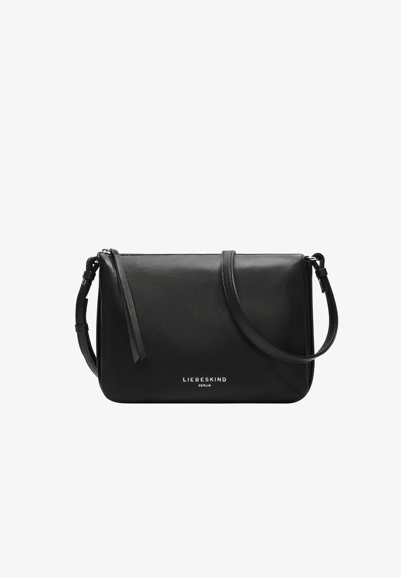 Borsa a tracolla in pelle nera con tracolla regolabile, chiusura con zip e logo "Liebeskind Berlin" al centro frontale.