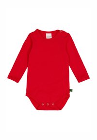 Rode bodysuit met lange mouwen van zachte katoen. Voorzien van drukknoopsluitingen aan de onderkant en een kleine groene accent aan de zijkant.