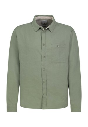 Olijfgroen overhemd met lange mouwen, knopen, kraag en één borstzak met knoop, afgebeeld op een witte achtergrond.