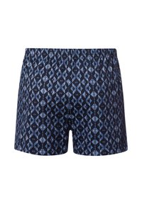 Námořnické plavecké šortky s světle modrým geometrickým diamantovým vzorem, elastickým pasem a měkkou texturou látky pro pohodlí.