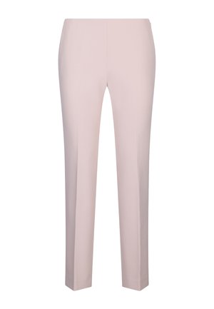 Pantalon pour femme sur mesure de couleur rose clair, coupe slim avec jambes droites, présenté sur un fond blanc.