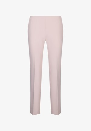 Pantalon pour femme sur mesure de couleur rose clair, coupe slim avec jambes droites, présenté sur un fond blanc.