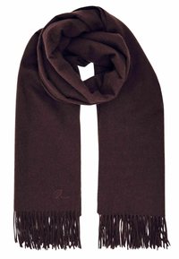 Brūns šalle, izgatavota no mīkstas vilnas, ar tekstur�ētu materiālu, gludu virsmu un fringētām malām, sarullēta relaksētā cilpā.