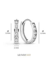 14k solid gold hoop earrings featuring five clear, round-cut crystals, measuring 9mm and 11mm in diameter, with a 2mm width.