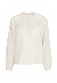 Weiße Baumwollbluse mit langen Ärmeln, rundem Ausschnitt und bestickten Details. Verfügt über Rüschen an der Brust und strukturierte Muster an den Ärmeln.