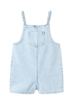 Lyseblå denim romper til småbørn med flettede skulderstropper og en central forlompe, shorts-længde design.