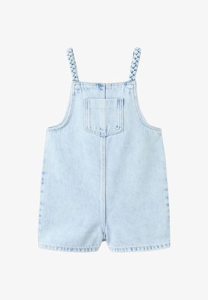 Hellblauer Denim-Strampler für Kleinkinder mit geflochtenen Schulterriemen und zentraler Fronttasche, Design in Shorts-Länge.
