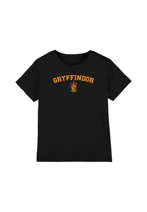 Black short-sleeve T-shirt with "GRYFFINDOR" in orange and red Hogwarts house crest centered below text.