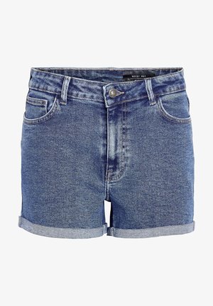 Șorturi din denim de culoare albastru deschis cu tiv rulat, având buzunare frontale, închidere cu nasture și detalii de cusătură.