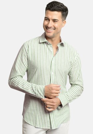 Camisa a rayas en verde y blanco, hecha de un tejido ligero, con un cuello de un botón y mangas largas con puños de botón.